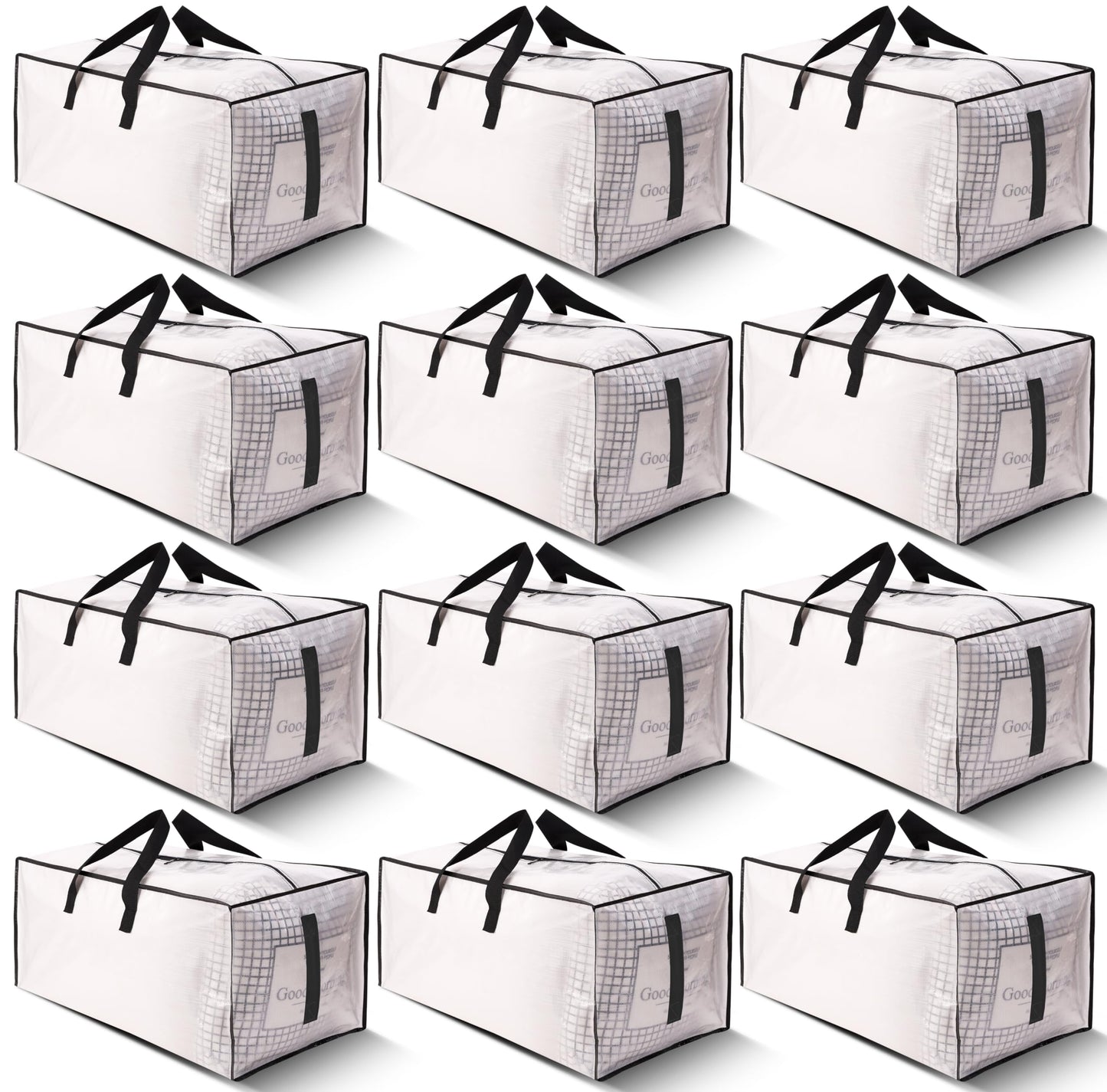 HOMESURE 12 Pack Large Strong Moving Bags with Zippers & Carrying Handles - Water-Resistant - Heavy Duty Storage Tote for Space Saving, Fold Flat, Alternative to Moving Box (Semi-Transparent)