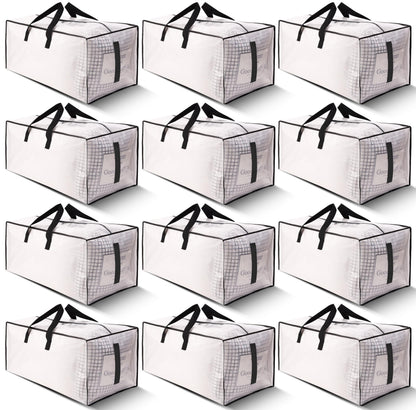 HOMESURE 12 Pack Large Strong Moving Bags with Zippers & Carrying Handles - Water-Resistant - Heavy Duty Storage Tote for Space Saving, Fold Flat, Alternative to Moving Box (Semi-Transparent)