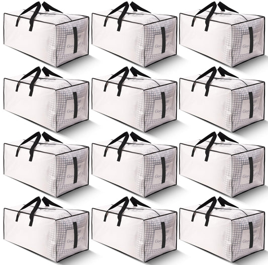 HOMESURE 12 Pack Large Strong Moving Bags with Zippers & Carrying Handles - Water-Resistant - Heavy Duty Storage Tote for Space Saving, Fold Flat, Alternative to Moving Box (Semi-Transparent)