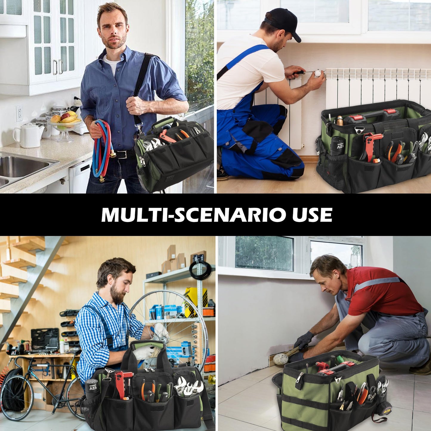 Heavy Duty Tool Bag, 15 Inch Portable Tool Organizer with Adjustable Shoulder Strap, Tactical Tool Tote with Large Zipper Storage