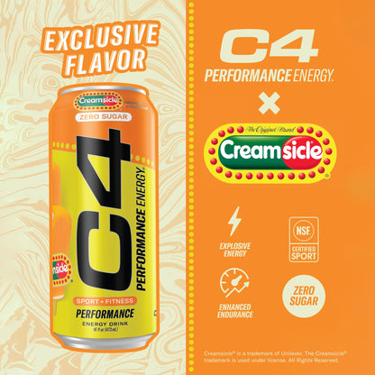 C4 Performance Energy Drink | Zero Sugar Carbonated Preworkout Energy | 200mg Caffeine with Beta Alanine | Orange Creamsicle | 16 Fl Oz (12 Pack)