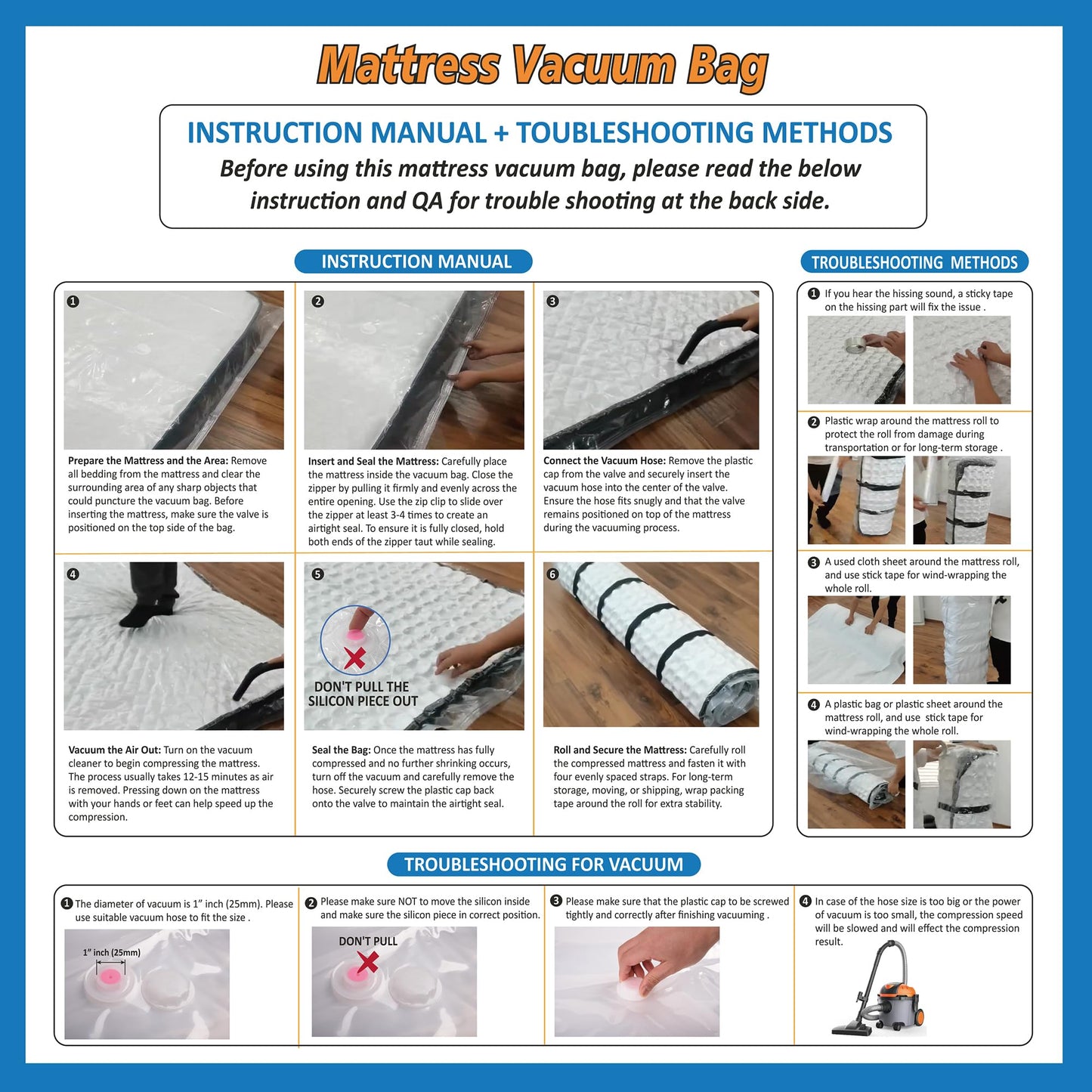 Queen/Full/Full-XL Foam Mattress Vacuum Bag for Moving, Vacuum Seal Mattress Bag with Straps