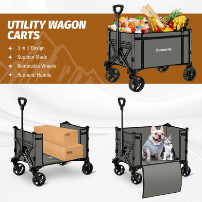 Eusuncaly Collapsible Wagon with Wheels, Wagons Carts Foldable, Heavy Duty Folding Utility Cart for Grocery, Camping, Shopping, Sports, Garden, Fishing, Grey