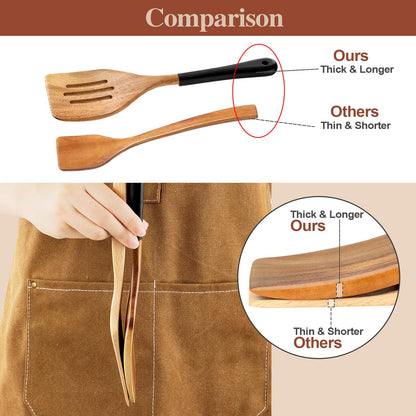 ROSOS Wooden Spoons For Cooking, 6 PCS Natural Acacia Wooden Cooking Utensils or Non-Stick Wooden Kitchen Utensil Set for Kitchen Essentials, Smooth Grip Wooden Spoons with Hanging Hole, Black