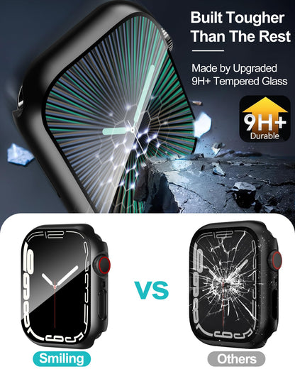 Smiling 2 Pack Case Compatible with Apple Watch Series 9/8 /7 45mm withTempered Glass Screen Protector, Hard PC Case Overall Protective Cover- Black
