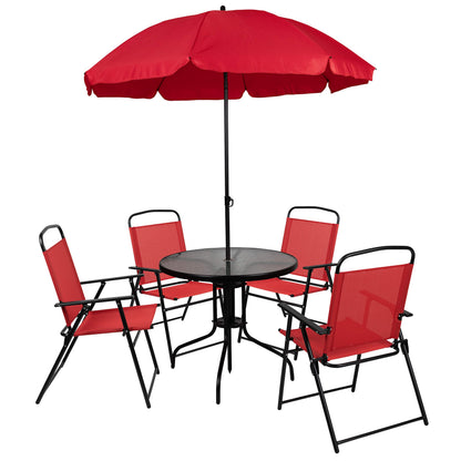Flash Furniture Nantucket 6 Piece Red Patio Garden Set with Table, Umbrella and 4 Folding Chairs