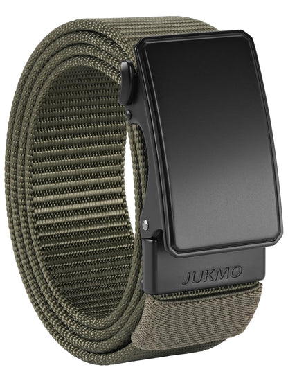 JUKMO Men's 1.5" Nylon Ratchet Belt, Casual Web Click Tactical Belt with Slide Buckle for Jeans, No Holes Adjustable Trim to Fit(Army Green,Medium)
