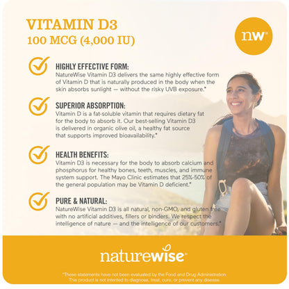 NatureWise Vitamin D3 4000iu (100 mcg) 200-Day Supply for Immune Support, Healthy Muscle Function, and Bone Health - Non-GMO, Gluten Free in Organic Extra Virgin Olive Oil, (Mini Softgel), 200 Count
