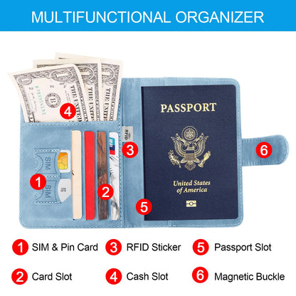 Sovirose Passport Holders, RFID Blocking Credit Card Holder, PU Leather Vaccine Card Holders for Travel with Magnetic Buckle, Travel Must Haves Cruise Ship Essentials for Men, Women (Blue)