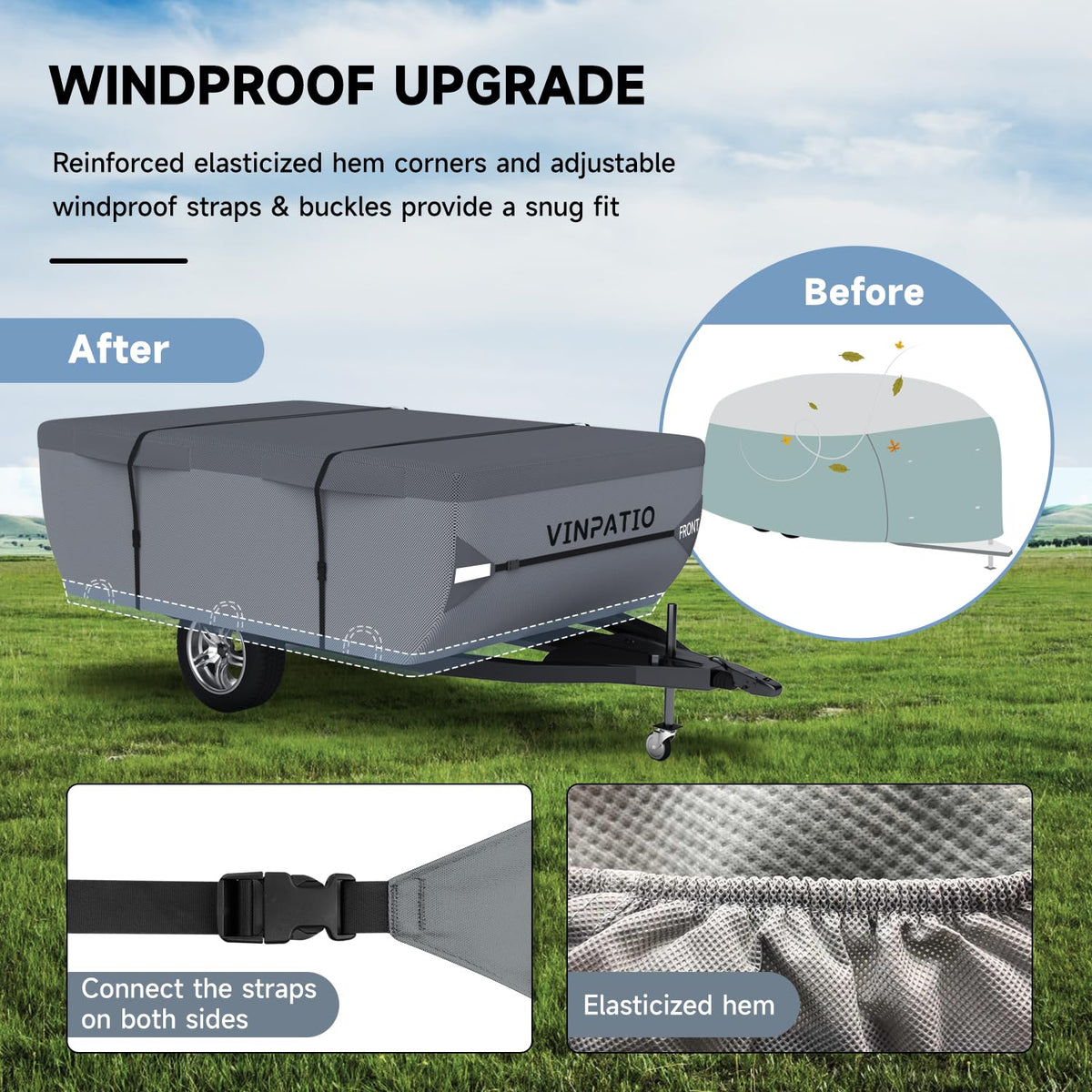 VINPATIO Pop Up Camper Cover, Folding Camper Tent Trailer Cover Fits 12'-14' Trailers, Waterproof & Anti-UV Pop-up Camper Cover with Windproof Straps