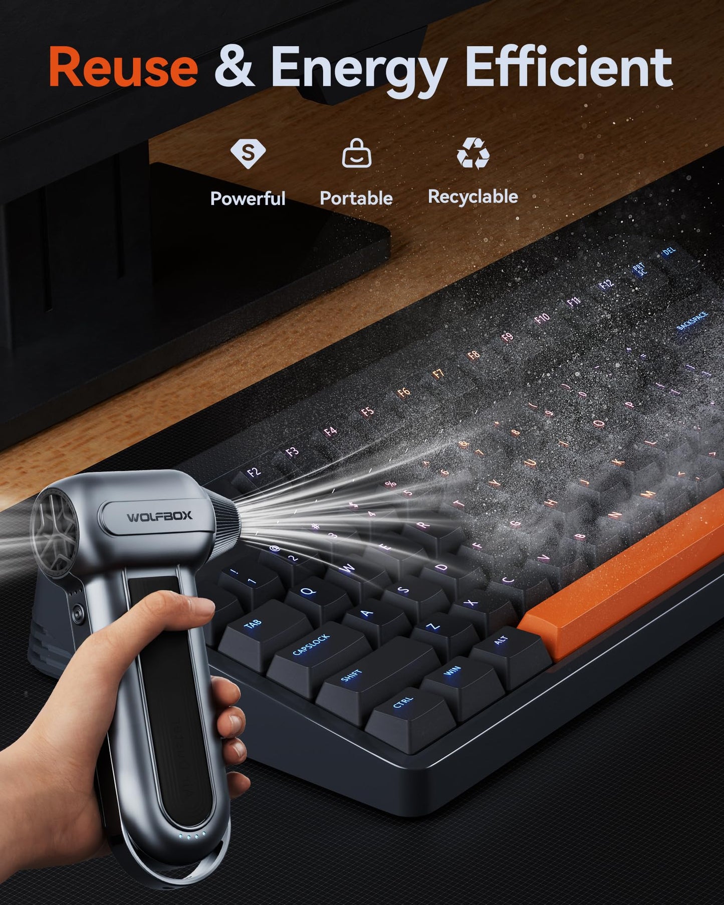 WOLFBOX MF100 Electric Air Duster-150000RPM Super Power Cordless Air Duster, Rechargeable Brushless Motor Durable Blower, 3-Gear Adjustable Dust Blower for Computer, Keyboard, Outdoor, House and Car