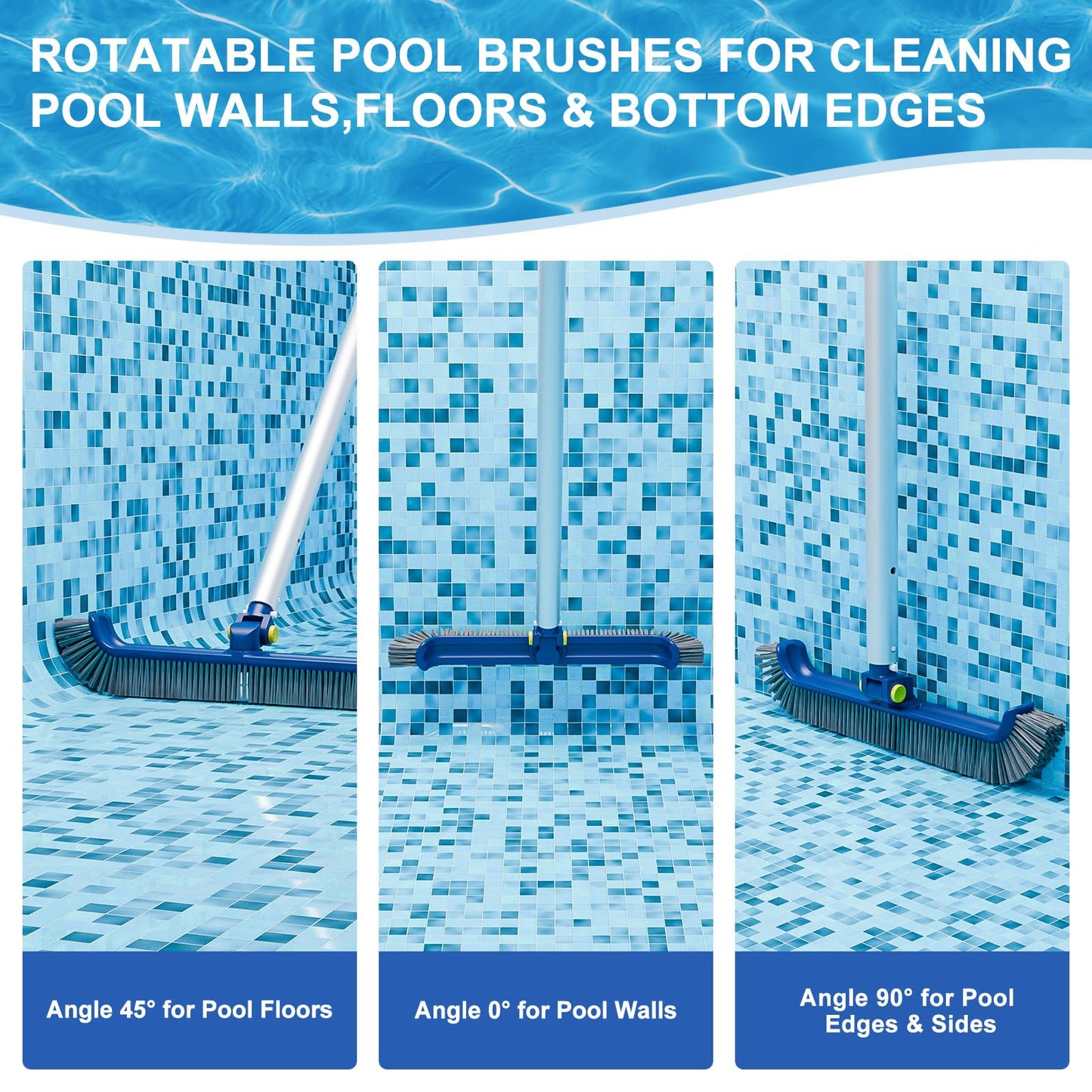 POOLAZA Pool Brush with Rotatable Handle,17.5" Pool Brush Head for Inground Pools, Above-Ground & Vinyl Pools, Heavy-duty Pool Brushes for Cleaning Pool Walls, Sturdy Pool Brush Fit Standard Pool Pole