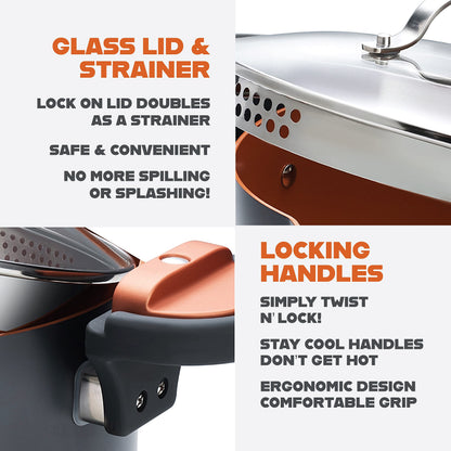 GOTHAM STEEL 5 Qt Ceramic Stock Pot Multipurpose Pasta Pot with Strainer Lid & Twist and Lock Handles, Nonstick Ceramic Pot for Soup, Spaghetti, Rice, Pots for Kitchen, Dishwasher Safe - Copper