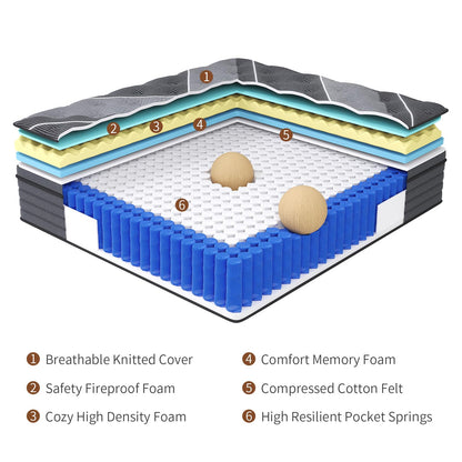 Queblox Queen Mattress, 12 Inch Hybrid Mattress in a Box, Medium Firm,Memory Foam and Individual Pocket Springs for Pressure Relief, CertiPUR-US Certified