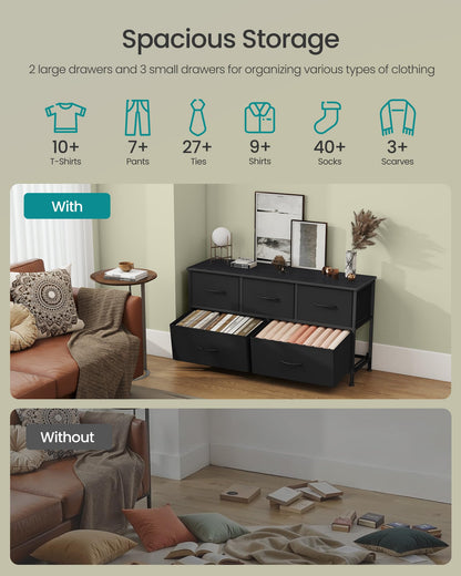 SONGMICS Dresser for Bedroom, Chest of Drawers, TV Stand, Steel, MDF, 5 Non-Woven Fabric Drawers, Storage Organizer Unit, Closet, Entryway, Ink Black and Ebony Black ULGS322B01S