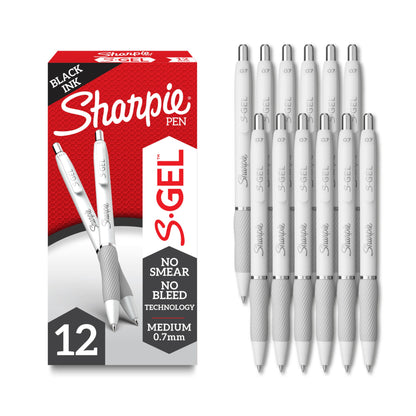 Sharpie S-Gel , Drawing, Ink Pens For Journaling, Writing, Coloring, Medium Point (0.7Mm), Pearl White Body, Black Ink Gel-Pen, 12 Count