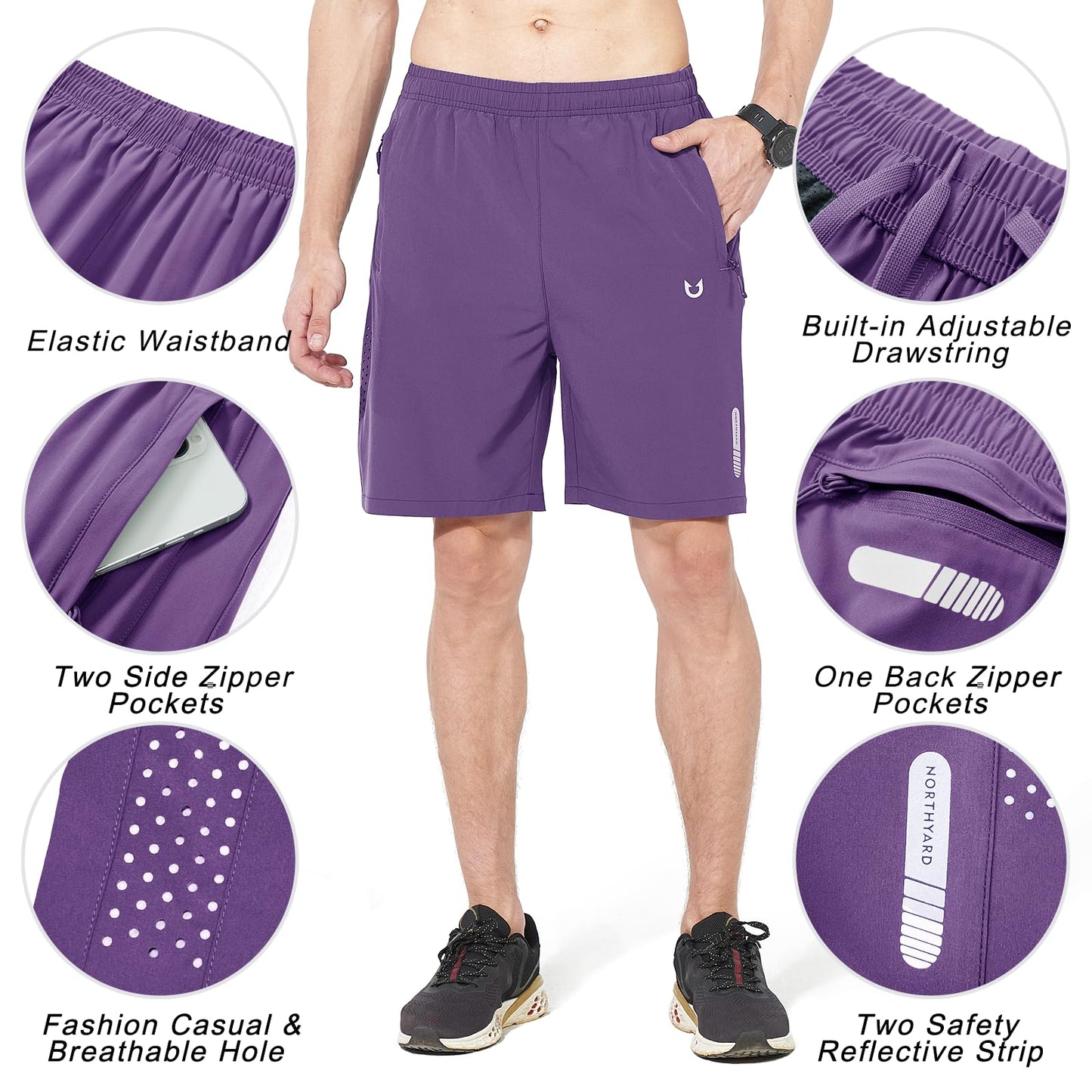 NORTHYARD Men's Athletic Running Shorts Quick Dry Workout Shorts 7"/ 5"/ 9" Lightweight Sports Gym Basketball Tennis Hiking Exercise Purple 2XL
