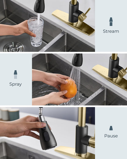 FORIOUS Kitchen Faucets with Pull Down Sprayer, High Arc Single Handle Classic Stainless Steel Sink Faucet 1 or 3 Hole, Suitable for Farmhouse Camper Laundry Rv Bar, Black Gold