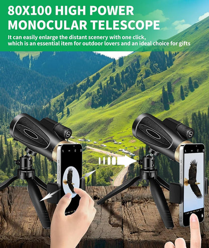 Monocular Telescope 80x100 HD Monoculars for Adults with Tripod, Monoculars for Bird Watching Stargazing Camping Hiking Hunting Wildlife Travel-Black