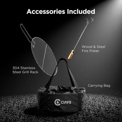 Ciays Smokeless Firepit, 17 Inch Fire Pit for Camping with Patented Technology, Portable Fire Pit for Outside with Steel Grill Rack, Fire Poker, and Bag, Easy Setup and Storage, Wood Burning
