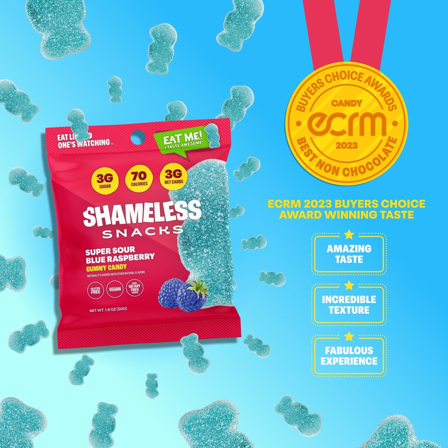 Shameless Snacks - Healthy Low Calorie Snacks, Low Carb Keto Gummies (Gluten Free Candy) - 6 Pack Sour Blue Raspberry