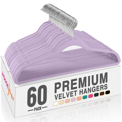 HOUSE DAY Lt-Purple Velvet Hangers 60 Pack, Non Slip Clothes Felt Hanger Heavy Duty for Coat, Premium Slim Space Saving Suit Hangers for Closet Organizer, 360° Rotating Silver Hook