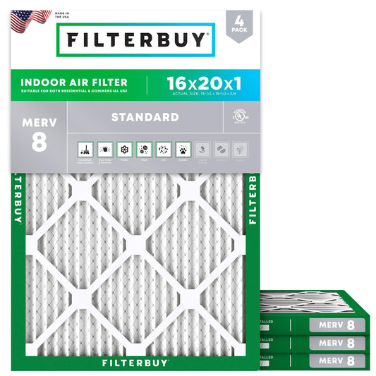 Filterbuy 16x20x1 Air Filter MERV 8 Dust Defense (4-Pack), Pleated HVAC AC Furnace Air Filters Replacement (Actual Size: 15.50 x 19.50 x 0.75 Inches)