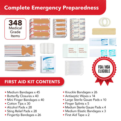 Swiss Safe 2-in-1 First Aid Kit for Car, Travel & Home, Businesses - Bonus Mini Kit for Medical Emergency Aid, Survival, Camping - FSA & HSA Eligible - 348 Pcs, Large Hardcase FAK