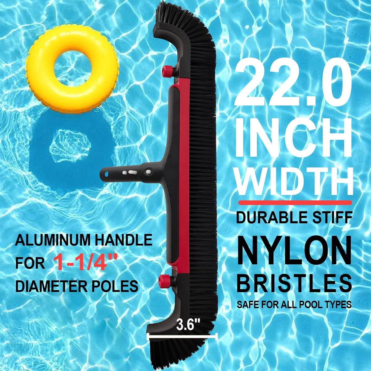 Poolvio 22" Extra-Wide Pool Brush Head, Heavy-Duty Pool Scrubber Brush with Detachable Corner Brush & Strong Nylon Bristles for Walls & Floors in Above-Ground and Inground Pools (Red)
