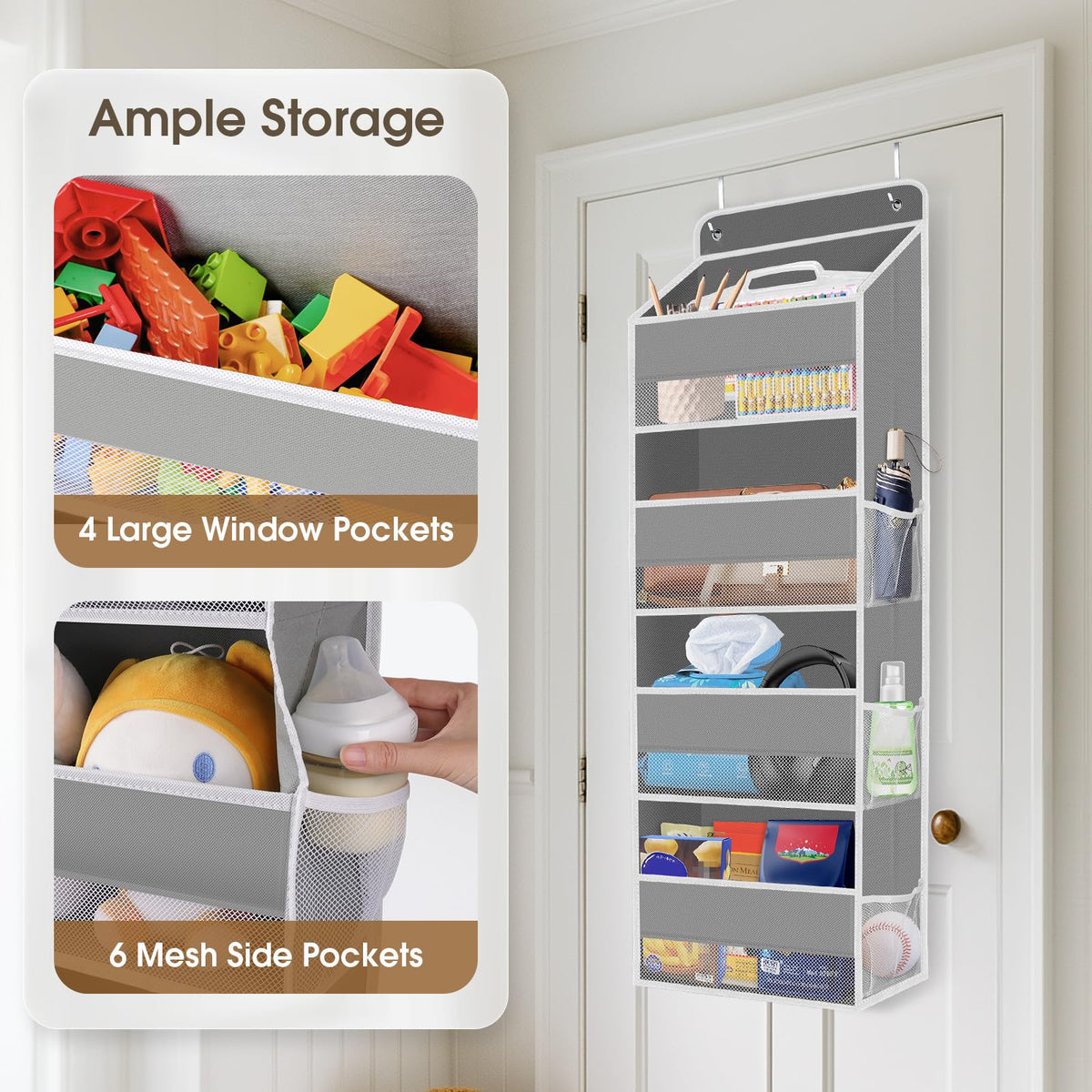 SpaceHacks 1 Pack Over The Door Organizer, Hanging Storage Organizer with Clear Window, 40lb Ultra Sturdy Large Capacity Room Organizer for Pantry Laundry Bathroom Nursery Closet Baby Essential (Grey)