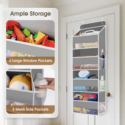 SpaceHacks 1 Pack Over The Door Organizer, Hanging Storage Organizer with Clear Window, 40lb Ultra Sturdy Large Capacity Room Organizer for Pantry Laundry Bathroom Nursery Closet Baby Essential (Grey)