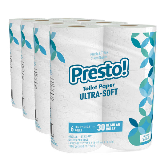Amazon Brand - Presto! 2-Ply Ultra-Soft Toilet Paper, 24 Family Mega Rolls = 120 regular rolls, 6 Count (Pack of 4), Unscented