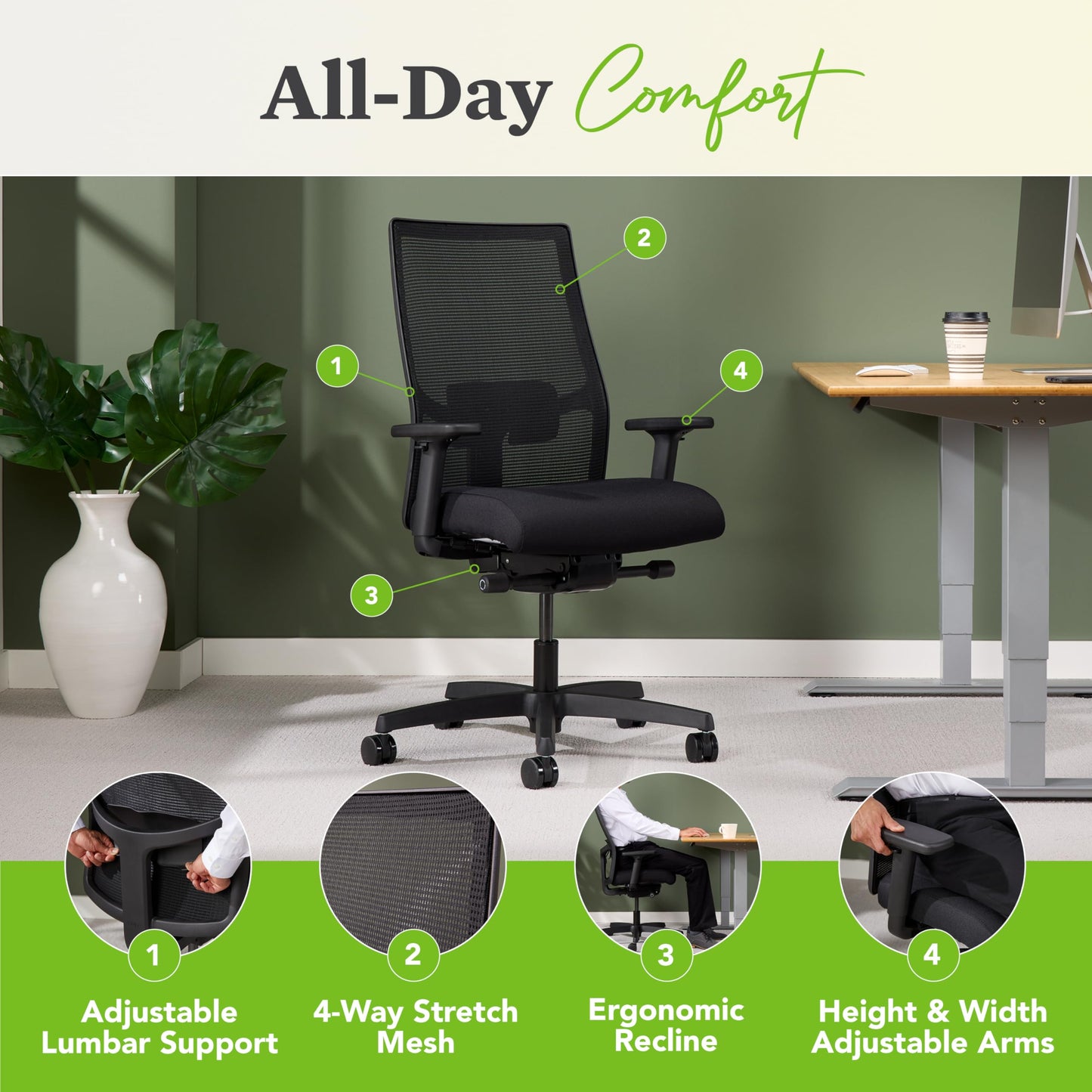 HON Ignition 2.0 Mid Back Task Chair, Advanced Synchro-Tilt Control, Office Chair with Lumbar Support, Height and Width Adjustable Arms, Black Frame, Black