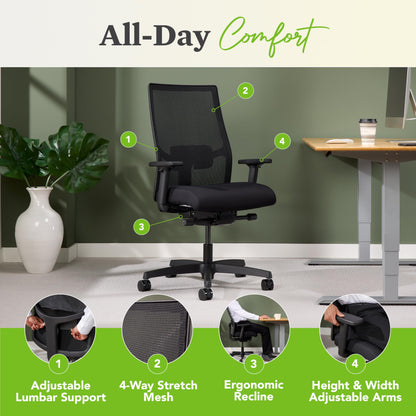 HON Ignition 2.0 Mid Back Task Chair, Advanced Synchro-Tilt Control, Office Chair with Lumbar Support, Height and Width Adjustable Arms, Black Frame, Black