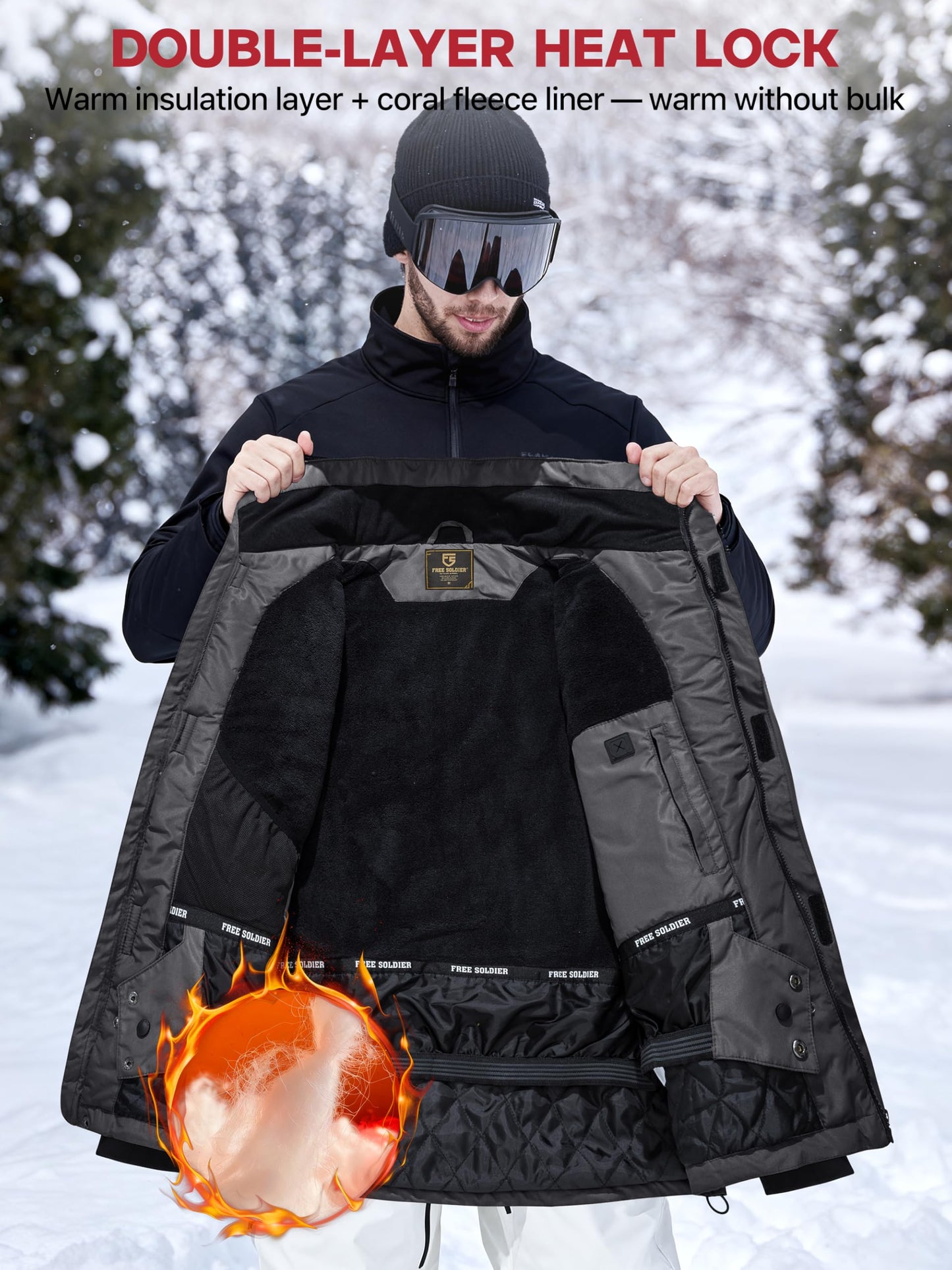 FREE SOLDIER Men's Waterproof Ski Snow Jacket Fleece Lined Warm Winter Rain Jacket with Hood Fully Taped Seams(Charcoal Gray,L)