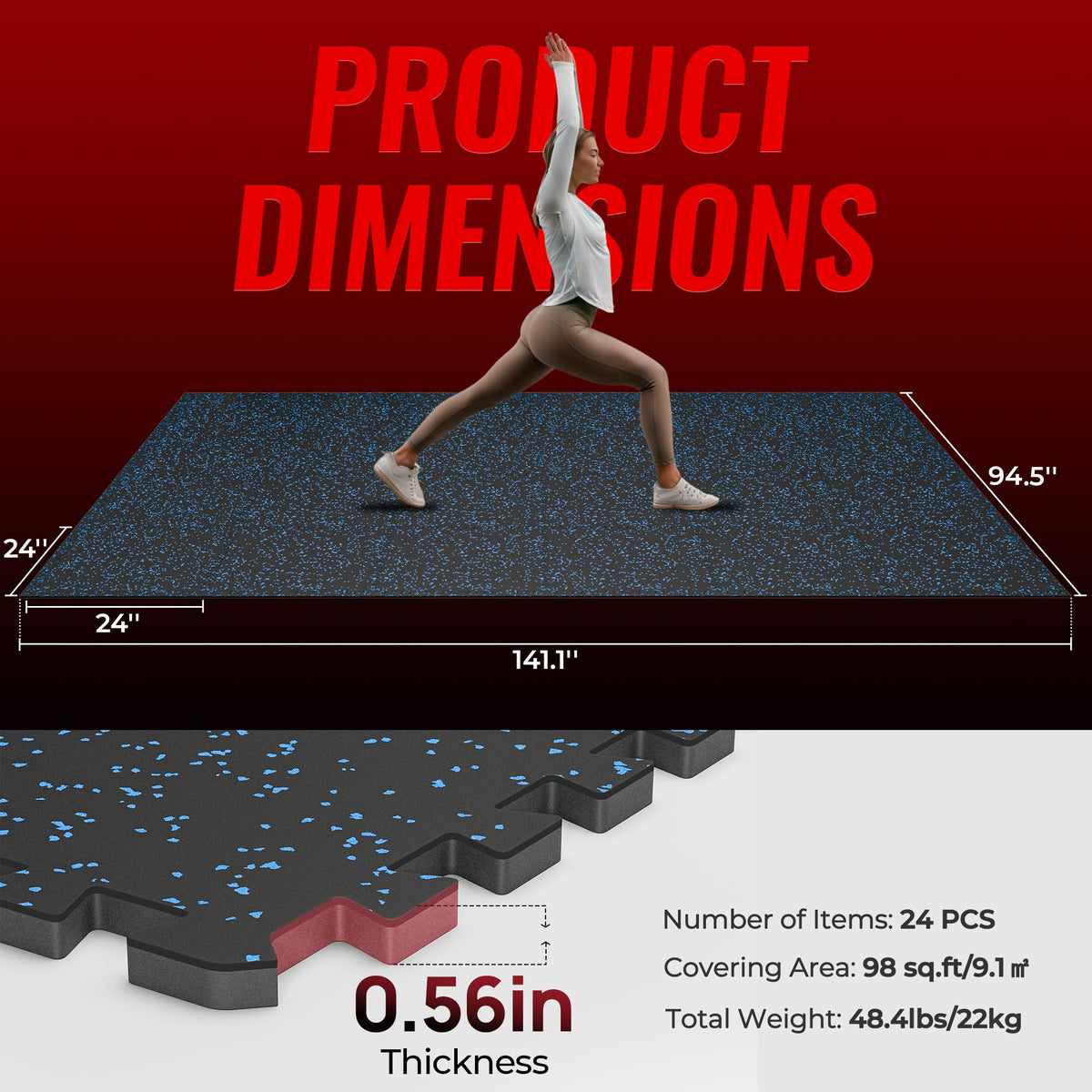 SUPERJARE 0.56'' Thick 24 Pcs 96 Sq Ft Rubber Top Exercise Equipment Mats, High Density EVA Foam Mats with Rubber Top, Interlocking Gym Flooring for Home Gym, Protective Workout Mat, Black/Blue