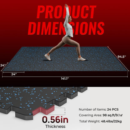 SUPERJARE 0.56'' Thick 24 Pcs 96 Sq Ft Rubber Top Exercise Equipment Mats, High Density EVA Foam Mats with Rubber Top, Interlocking Gym Flooring for Home Gym, Protective Workout Mat, Black/Blue
