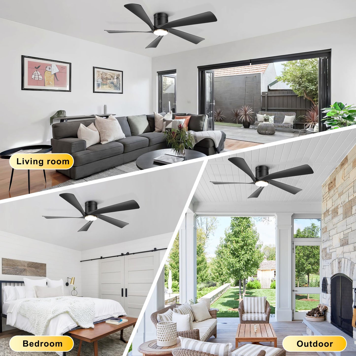 Ohniyou 52” Low Profile Ceiling Fan with Lights, Remote & APP Control Modern Flush Mount Indoor Outdoor Ceiling Fans, Dimmable, Silent DC Motor, Reversible, Black