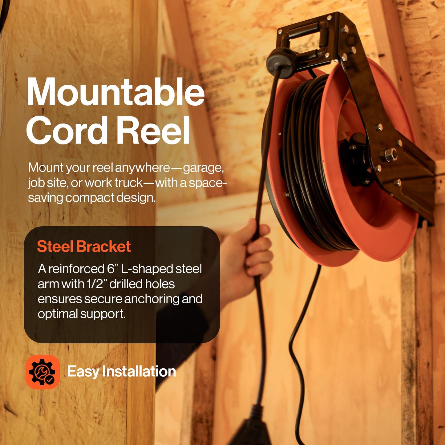 SuperHandy Extension Cord Reel Retractable 12AWG x 80' Foot 3C SJTOW Cable Triple Tap Connector Power Rating 125 Volt AC 15 Amp 1875 Watt Industrial Steel Single Arm