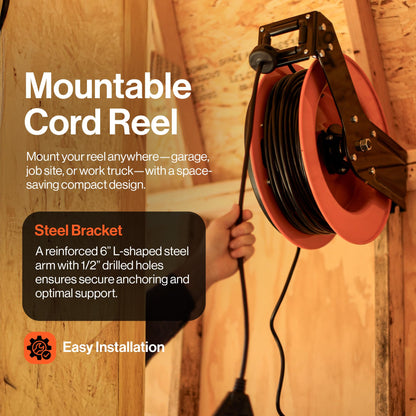 SuperHandy Extension Cord Reel Retractable 12AWG x 80' Foot 3C SJTOW Cable Triple Tap Connector Power Rating 125 Volt AC 15 Amp 1875 Watt Industrial Steel Single Arm