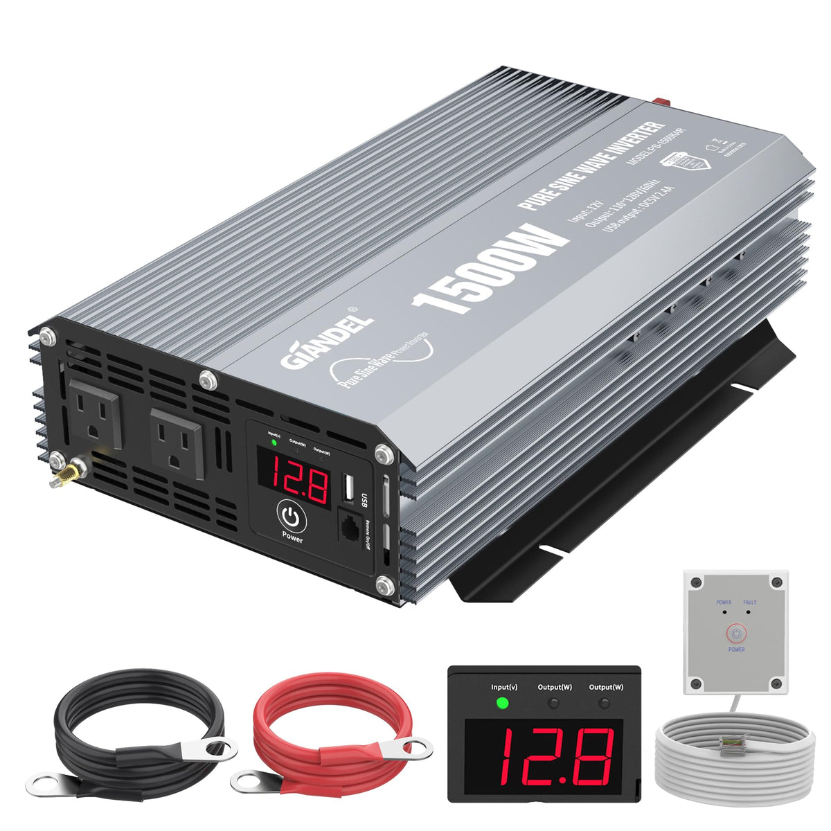 GIANDEL Power Inverter 1500W Pure Sine Wave DC 12V to AC 110V 120V with Dual AC Outlets & LED Dsiplay Remote Controller 2.4A USB Port for RVs Trucks Boats