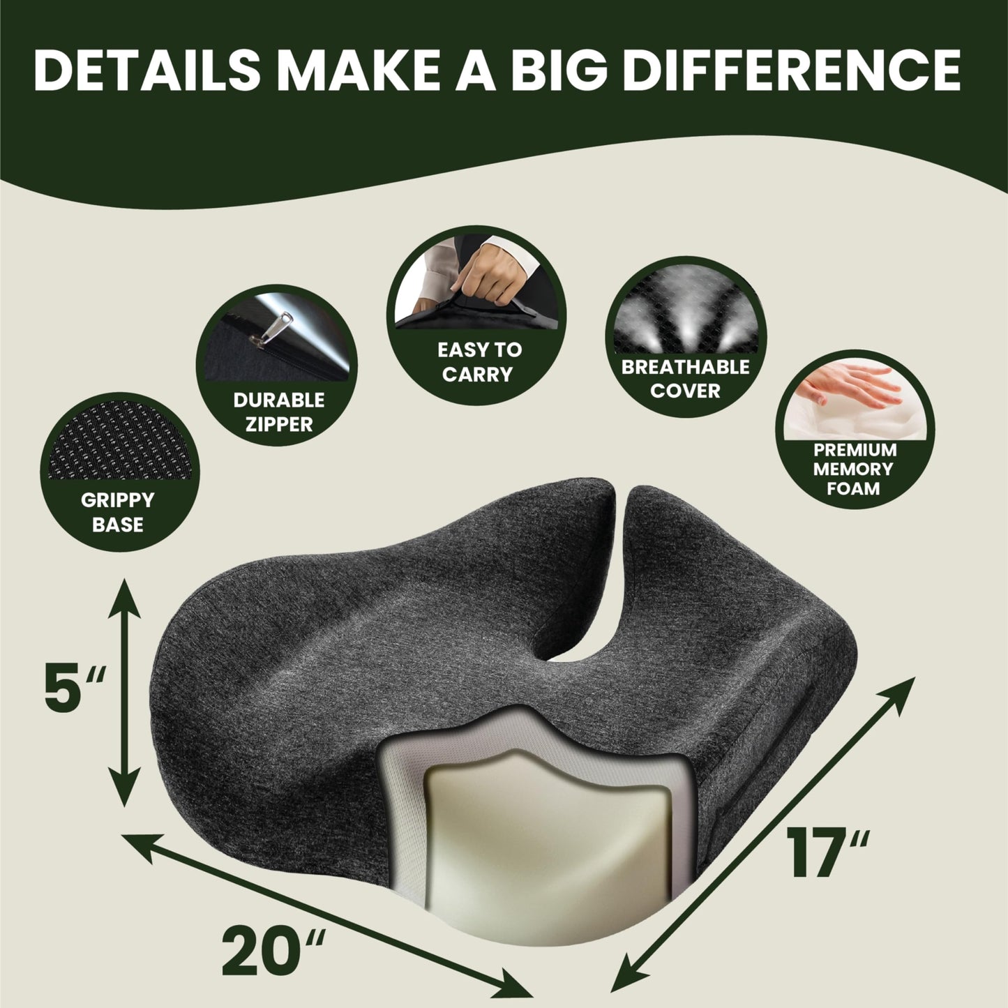 X Large Seat Cushions for Office Chairs– Pressure Relief Seat Cushion for Tailbone Pain, Back Pain, Coccyx & Sciatica Pain Relief Pillow – Office Chair Cushion with Extra Cover(Gray)