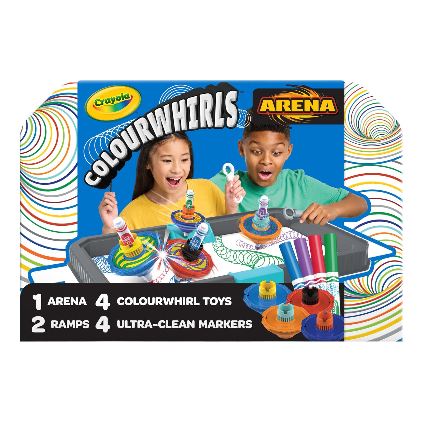 Crayola Colourwhirls Battle Arena Art Game, DIY Gyro Spin Art Toy, 4 Battling Spinning Top Toys, Birthday, Holiday for Kids, Ages 6+