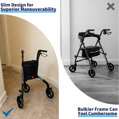 Premium 3 Wheel Rollator Walker for Seniors, Lightweight Foldable Elderly Three Wheeled Rollator with Storage Bag, Aluminum Mobility Aid Rolling Walker