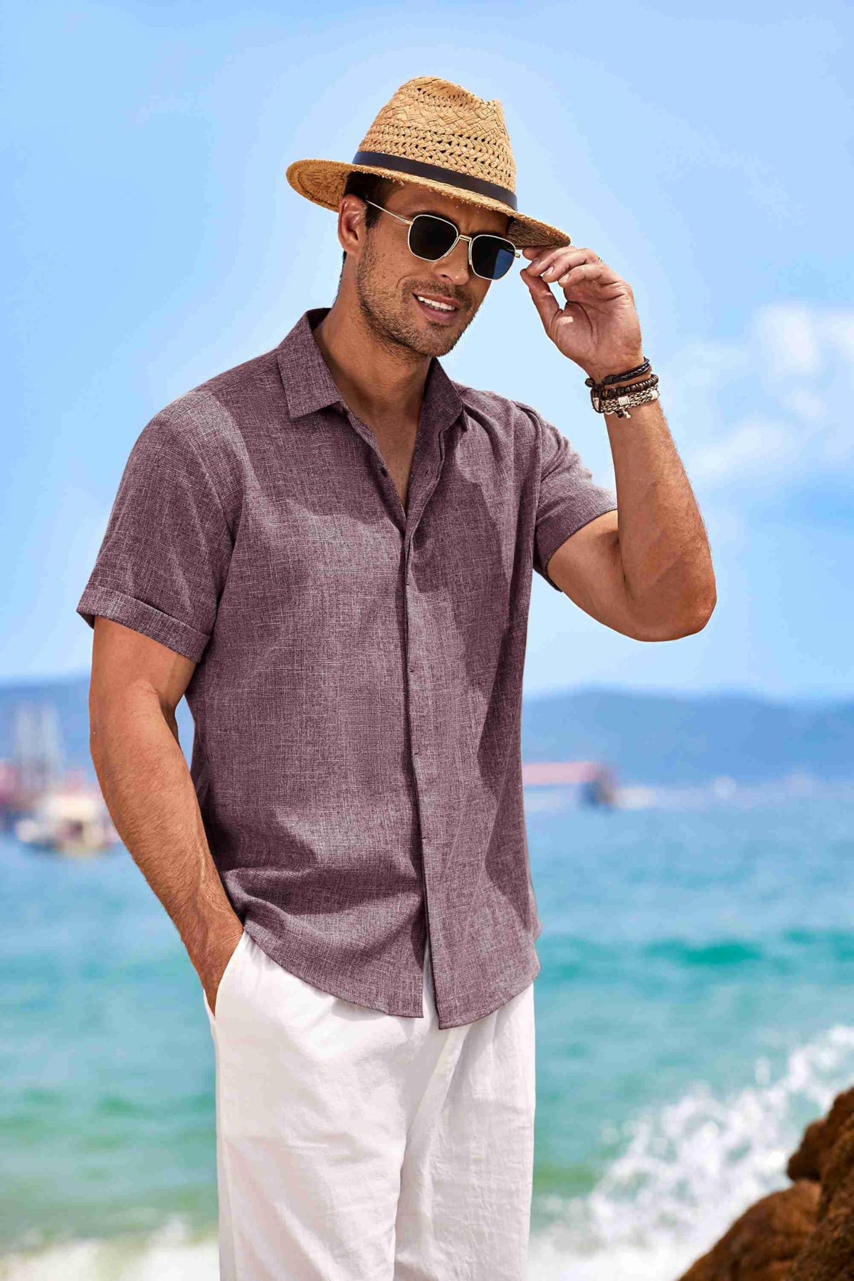 COOFANDY Men's Linen Shirts Short Sleeve Casual Shirts Button Down Shirt for Men Beach Summer Wedding Shirt Dark Red