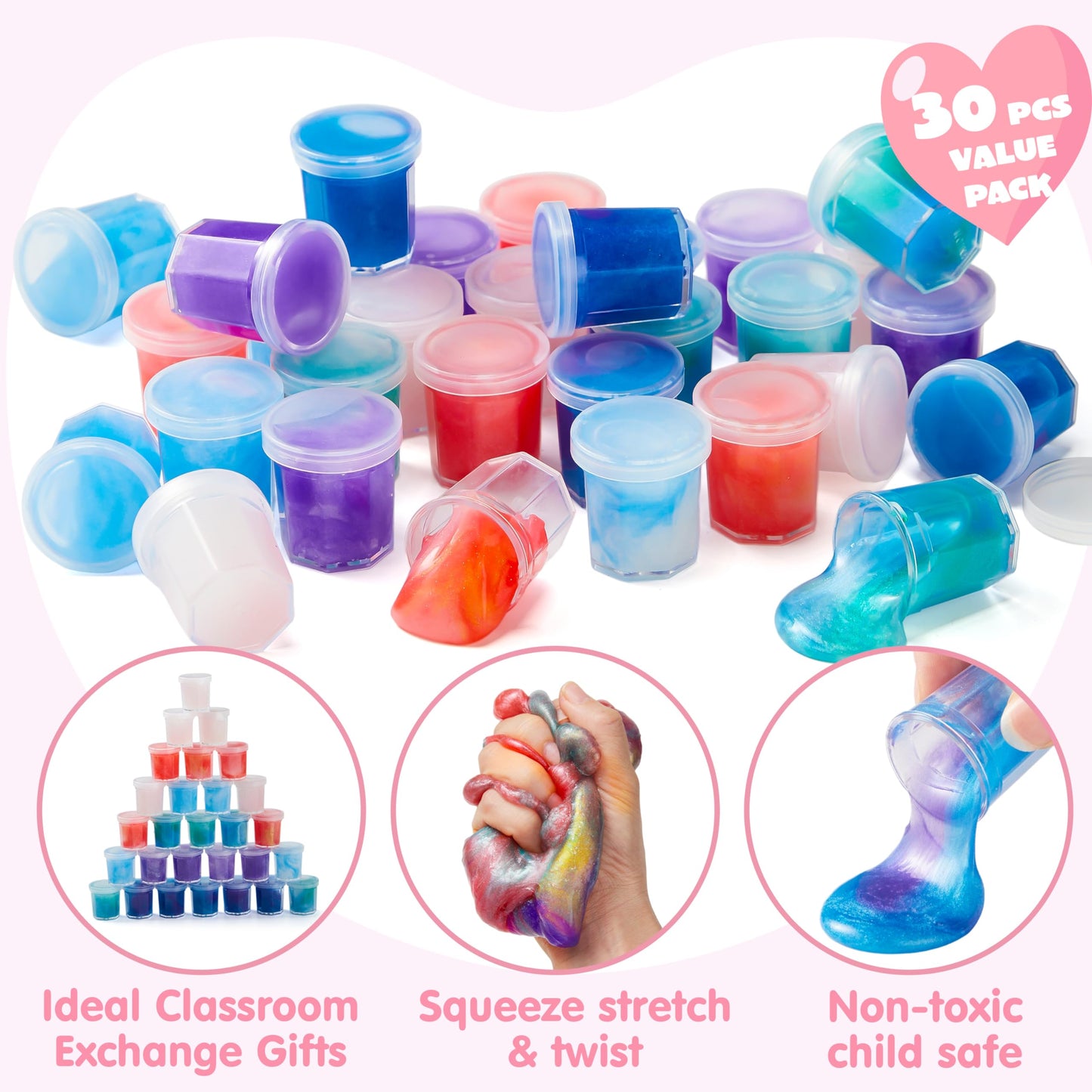 JOYIN 30 PCS Valentine Day Gift Cards with Fantasy Slime Stress Relief Fidget Toy for Kids, Classroom Exchange Prizes, Valentines Party Favors, Exchange Gifts Greeting Card