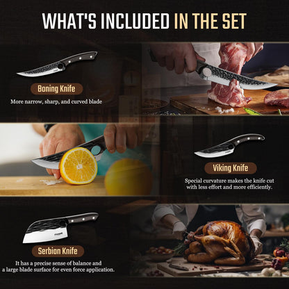 Huusk Knives Set, Serbian Chef Knife Set with Bag, Japanese Kitchen Knives Set, Hand Forged High Carbon Steel Knife Set, Full Tang Knives with Ebony Handle, Butcher Knife Set for Dad, Gif for Men