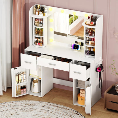 EasyCom Vanity Desk with Rotating Jewelry Organizers, Makeup Vanity with Mirror and Lights, Dressing Table with USB-C Charging Station, 3 Drawers and 2 Cabinets for Bedroom, Dressing Room, White
