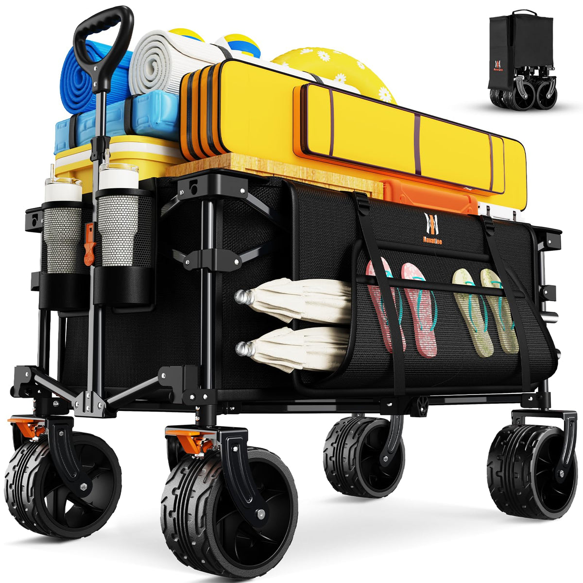 Navatiee Big Wheels Collapsible Wagon Cart Foldable, Heavy Duty Beach Wagon with Silent All-Terrain Wheels, Folding Utility Grocery Cart with Side Pocket and Brakes for Camping Garden Sports, Black