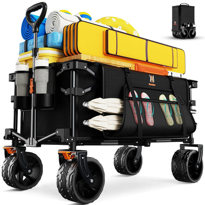 Navatiee Big Wheels Collapsible Wagon Cart Foldable, Heavy Duty Beach Wagon with Silent All-Terrain Wheels, Folding Utility Grocery Cart with Side Pocket and Brakes for Camping Garden Sports, Black